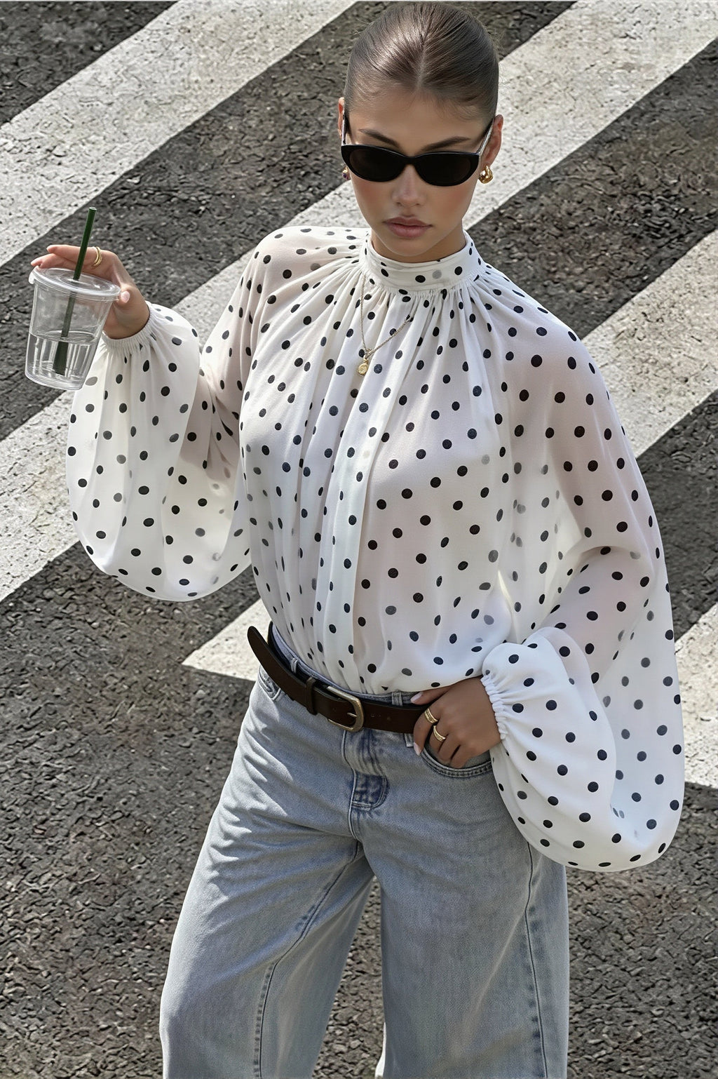 Elegant Polka Dot Bow Neck Blouse