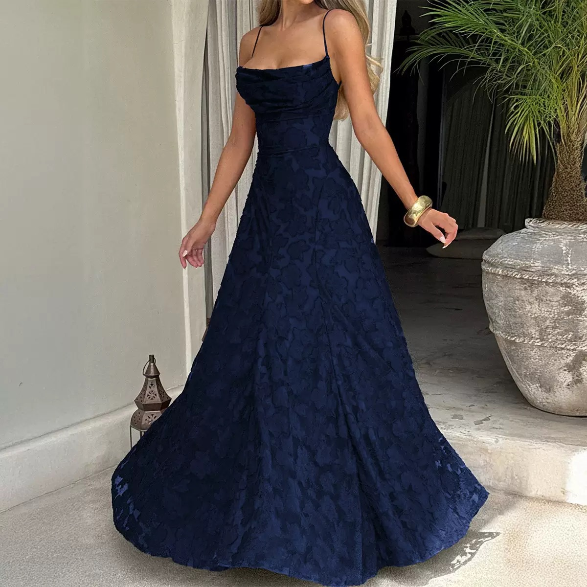 Thin straps jarquard maxi dress