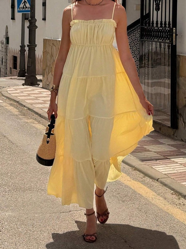 French Style Vacation Sling Wooden Ear Tube Top Cinched Waist Long Texture Dress
