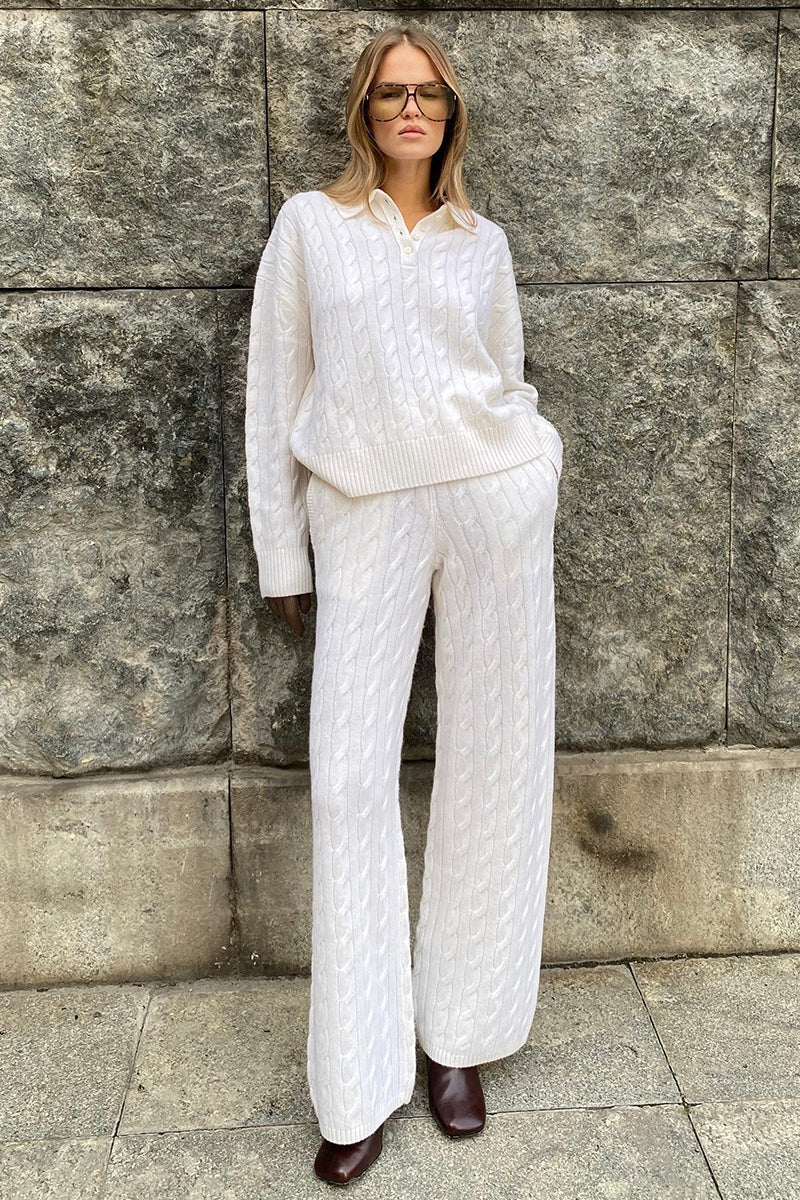 Cable Polo Sweater Straight Pants Knit Set