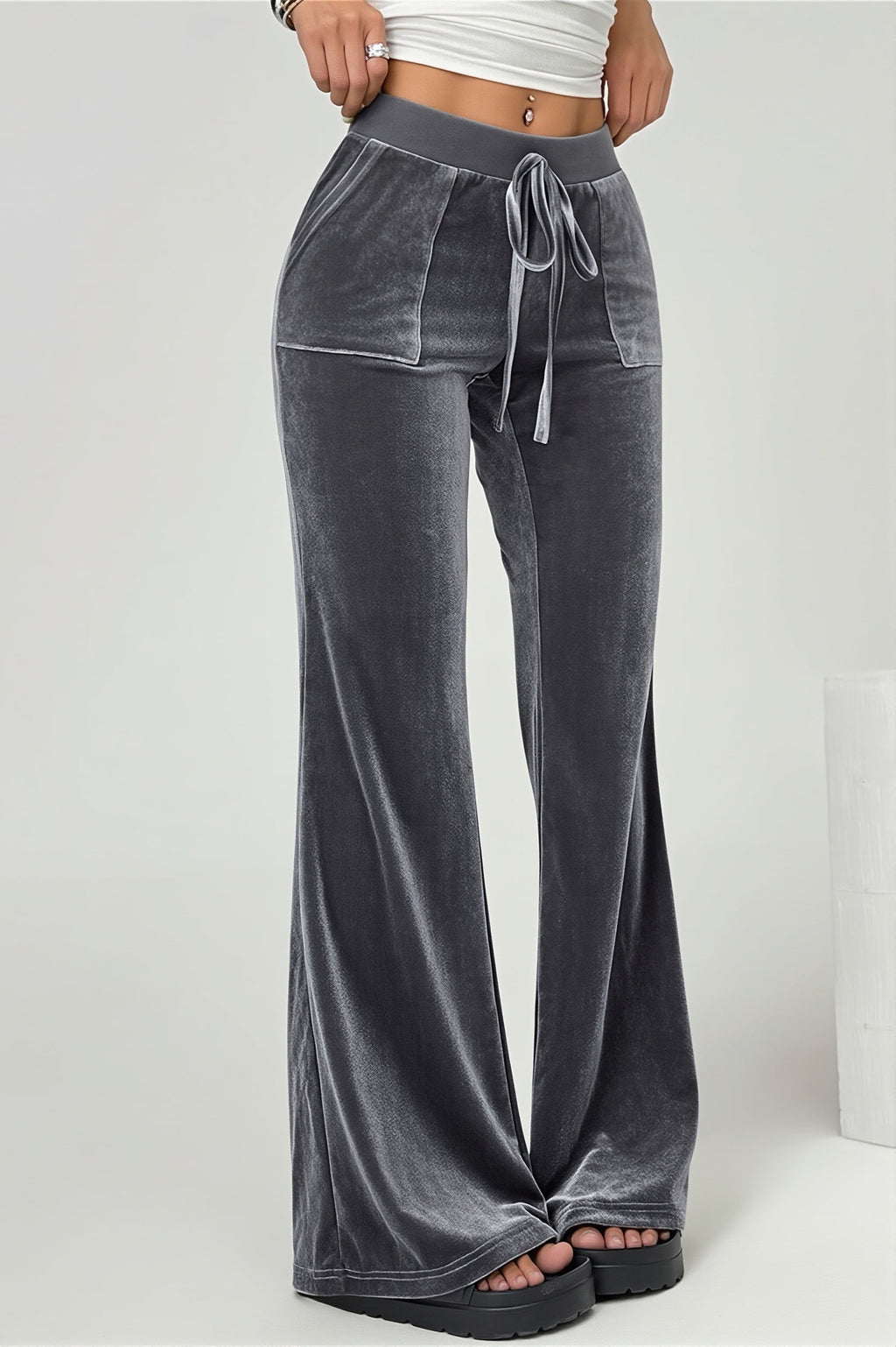 Velvet Look Drawstring Flared Pants