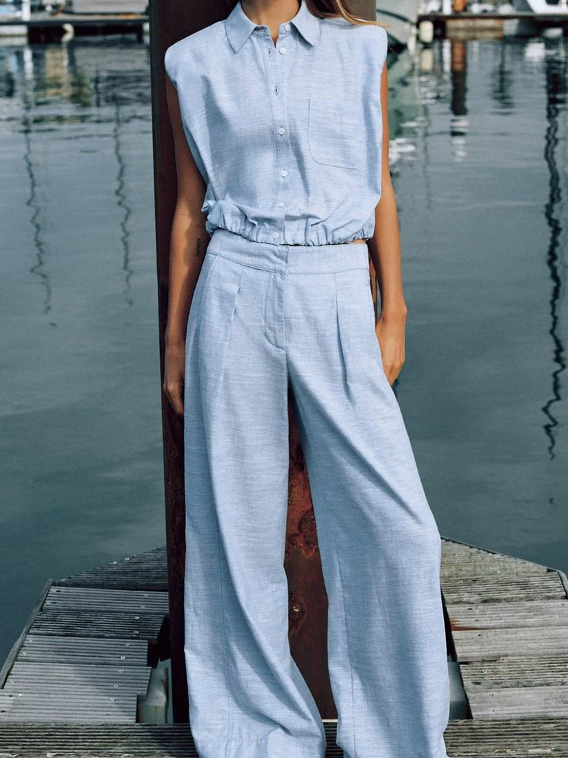 Lapel Sleeveless Top High Waist Wide Leg Pants Two-Piece Set