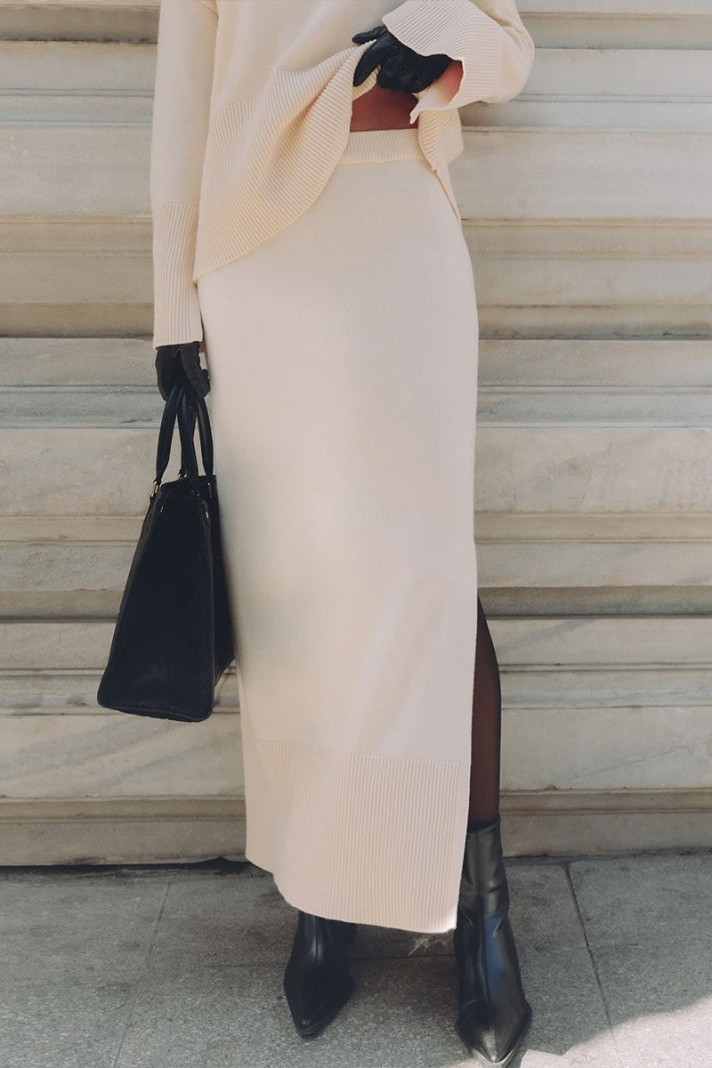Relaxed Knit Sweater Slit Maxi Skirt Set