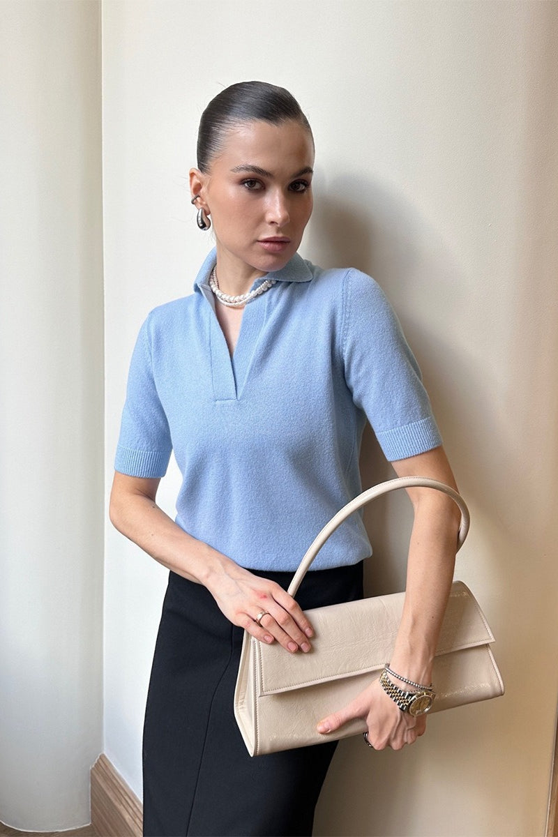 Open Collar Short Sleeve Polo Knit Sweater
