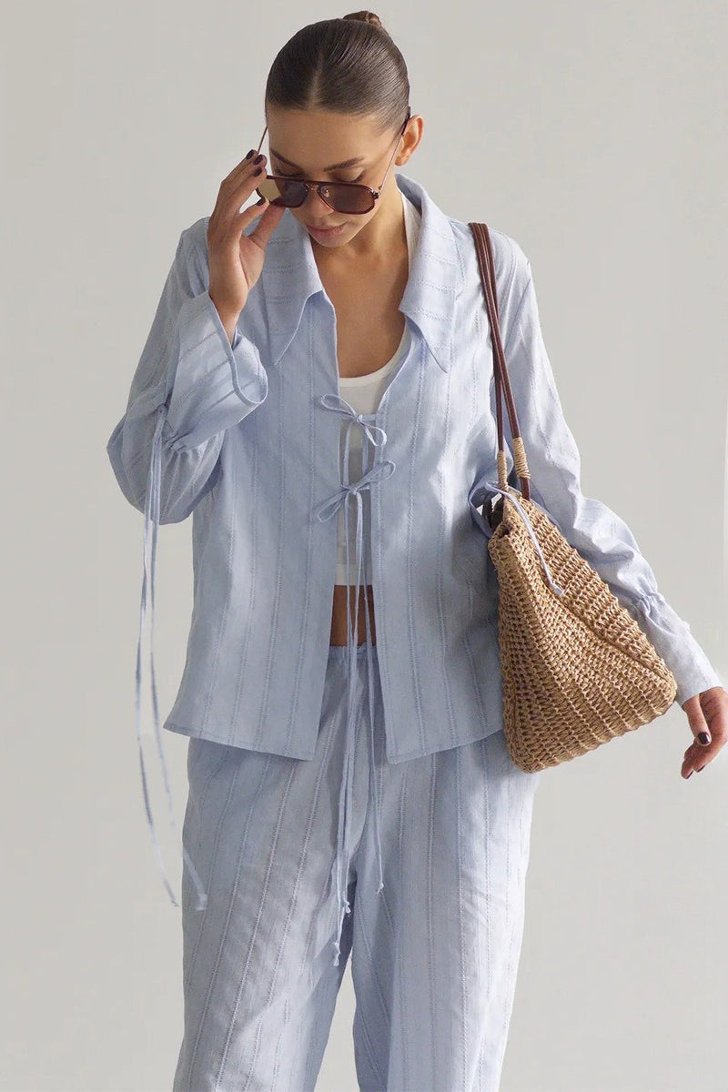 Collared Tie Front Sheer Shirt Pants Set