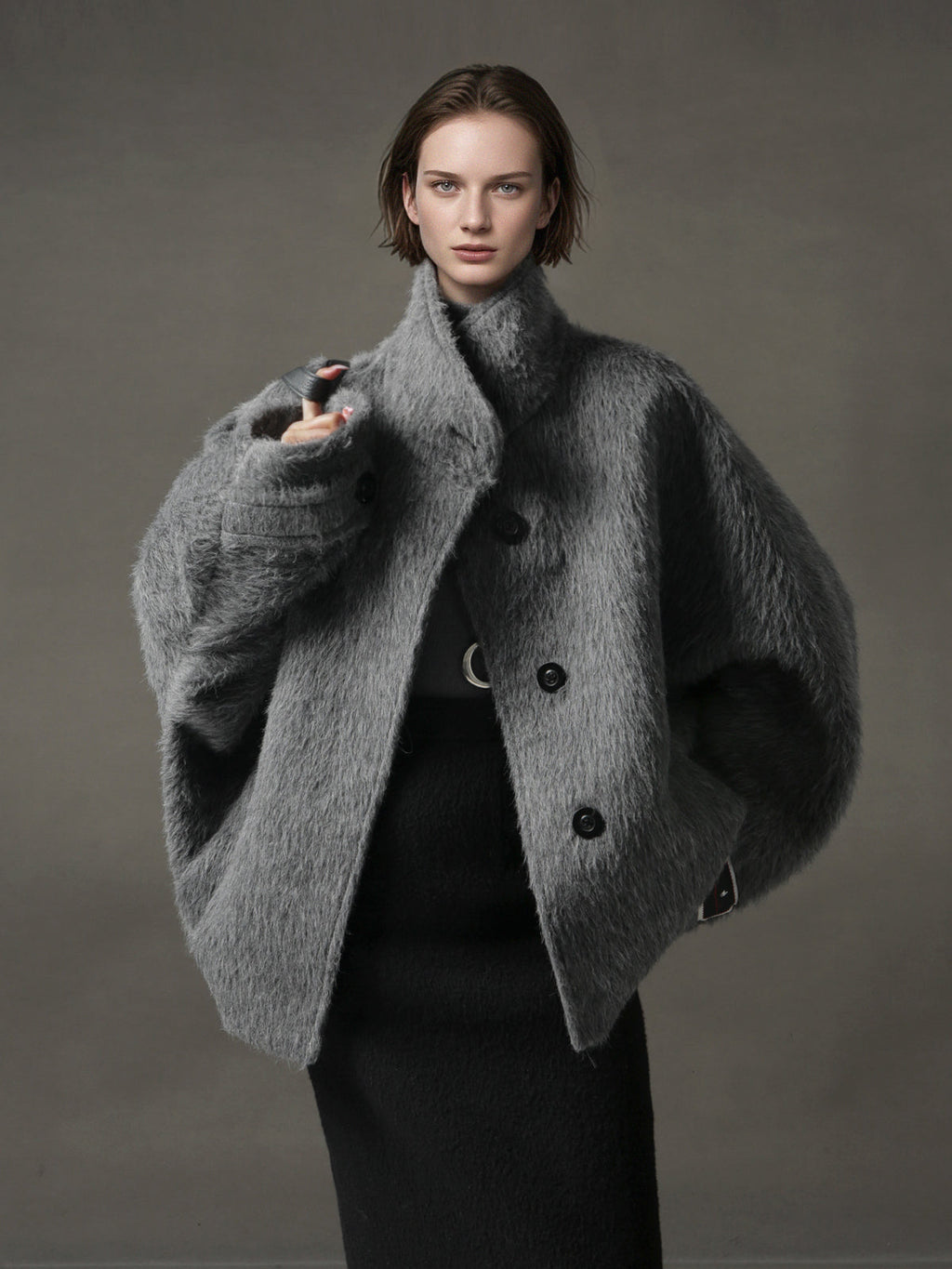 Alpaca Wool Biker Jacket for Women – Stand Collar Suoli Alpaca Coat with Luxe Textured Finish, Winter Chic Outerwear