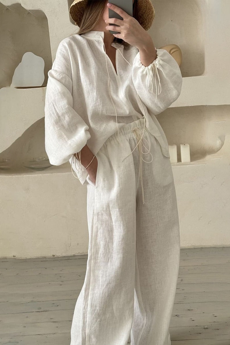 Tie Neck Balloon Sleeve Top Wide Leg Pants Set