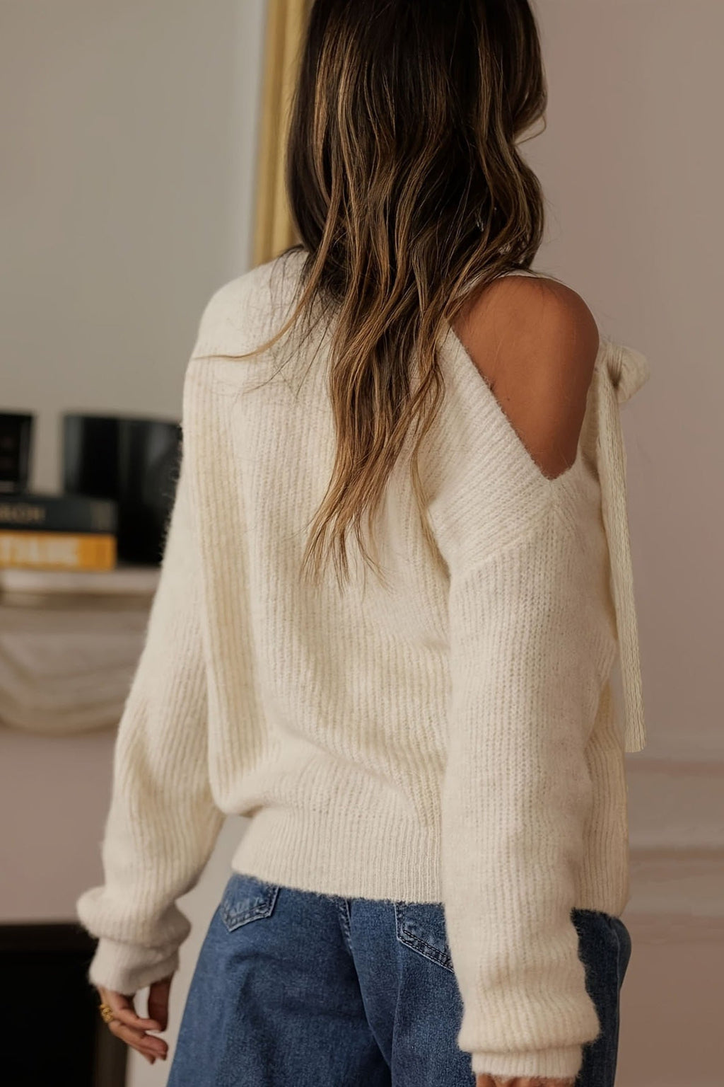 Tie Shoulder Cold Shoulder Sweater