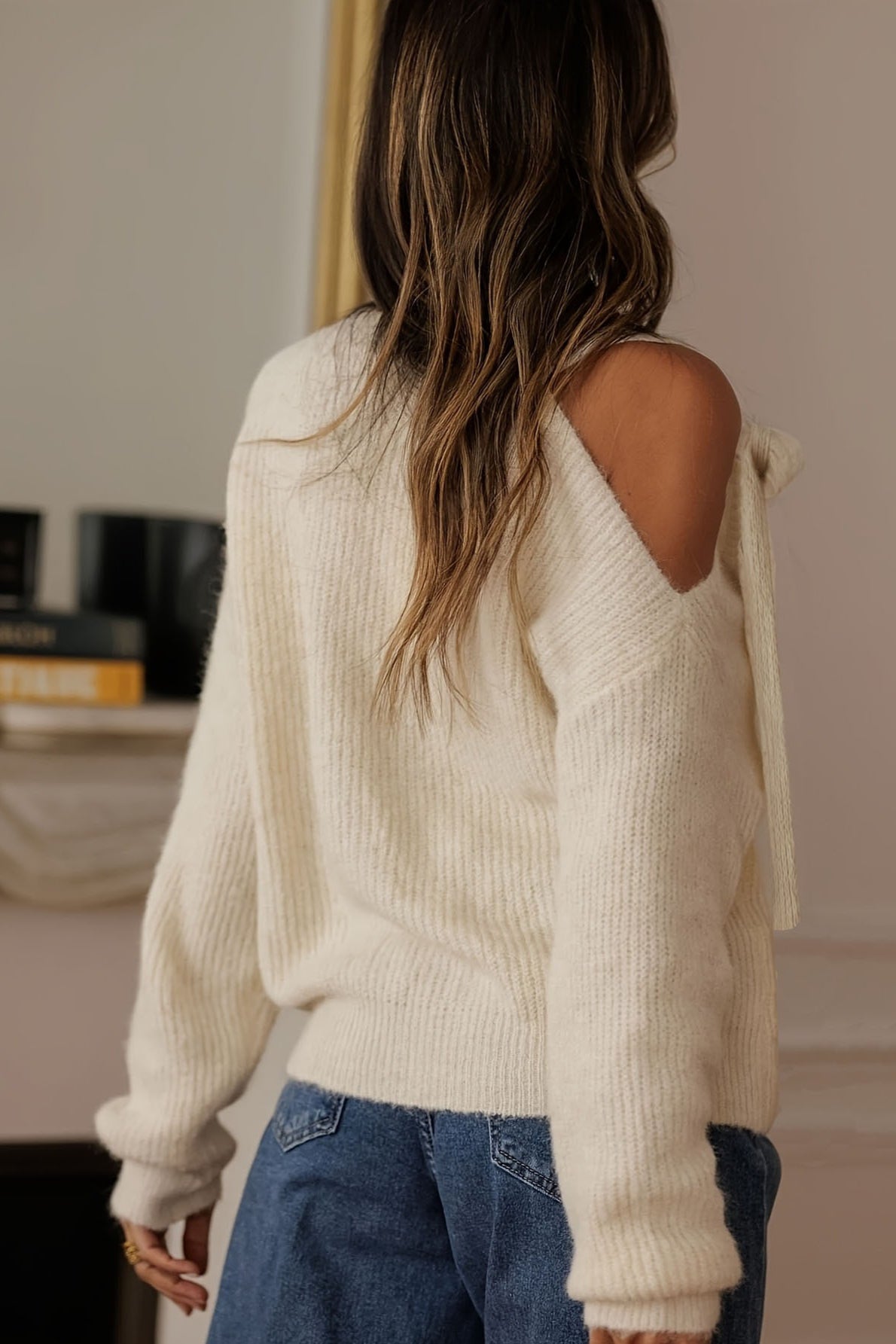 Tie Shoulder Cold Shoulder Sweater
