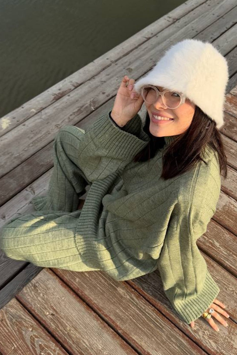 Ribbed Turtleneck Sweater Wide Leg Pants Set