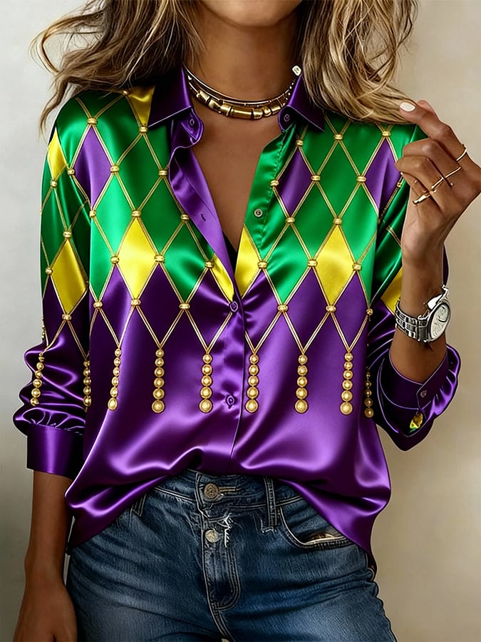 Women'S Casual Lapel Color-Block Printed Shirt