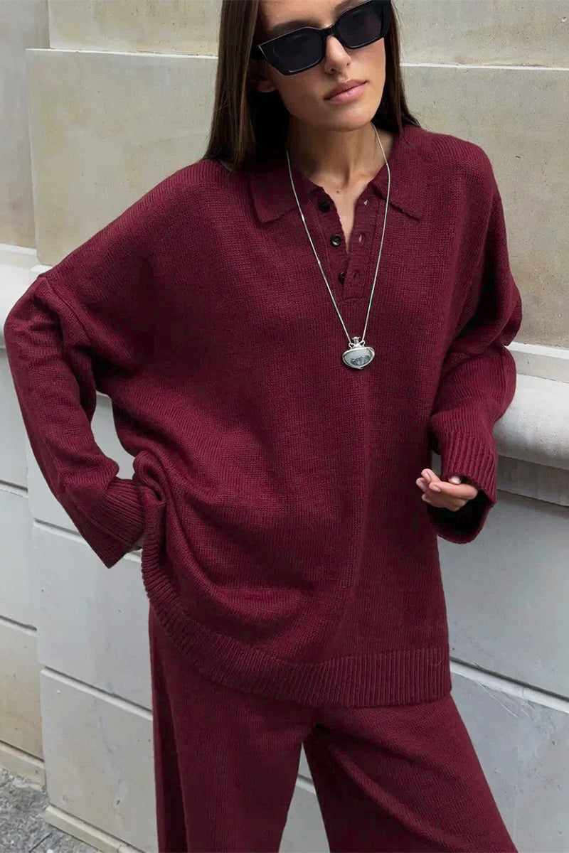 Relaxed Polo Knit Top Wide Leg Pants Set