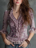 Vintage Floral Velvet Ruffle Top