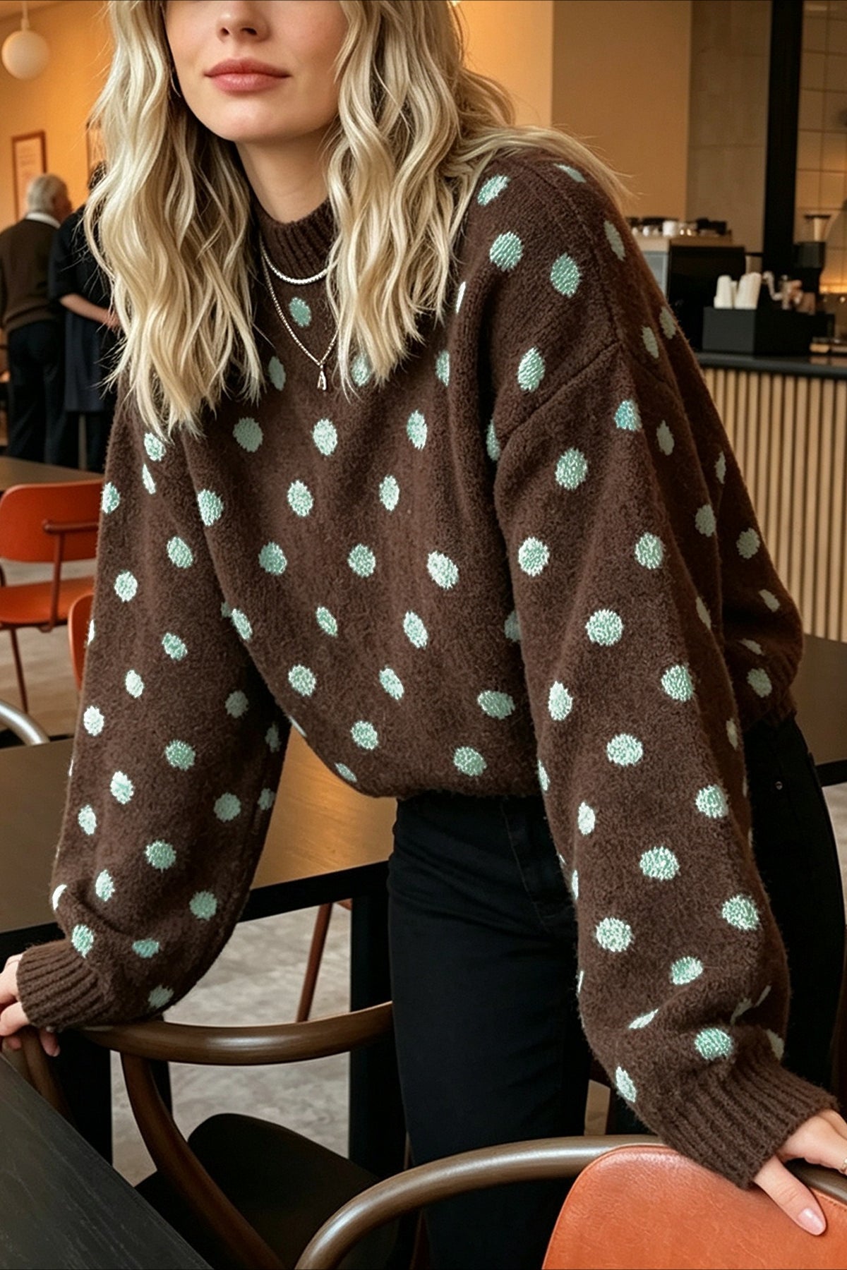 Contrast Polka Dot Crew Neck Knit Sweater