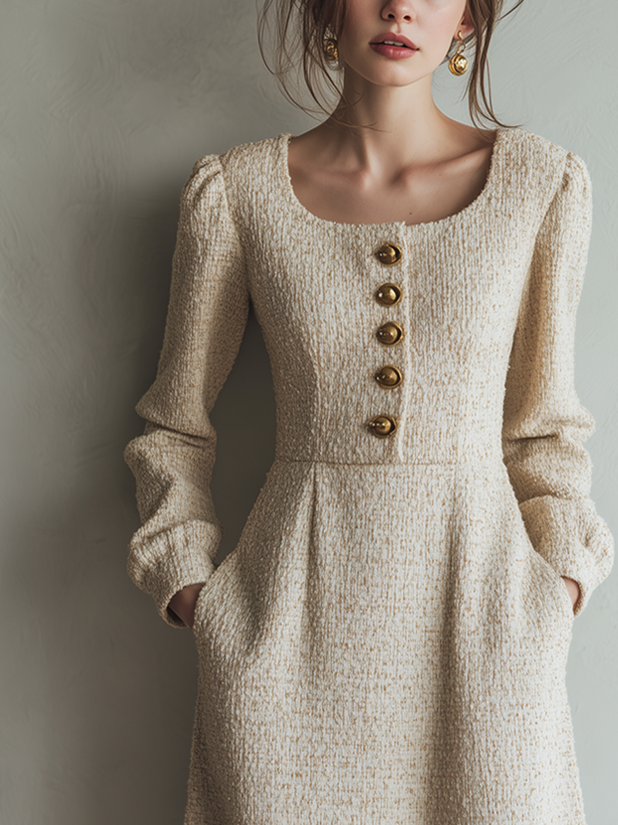 Vintage Tweed Button Long Sleeve Midi Dress