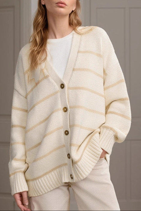 Striped Cotton V Neck Knit Cardigan