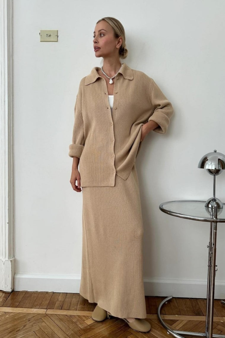 Polo Cardigan Midi Skirt Knit Set