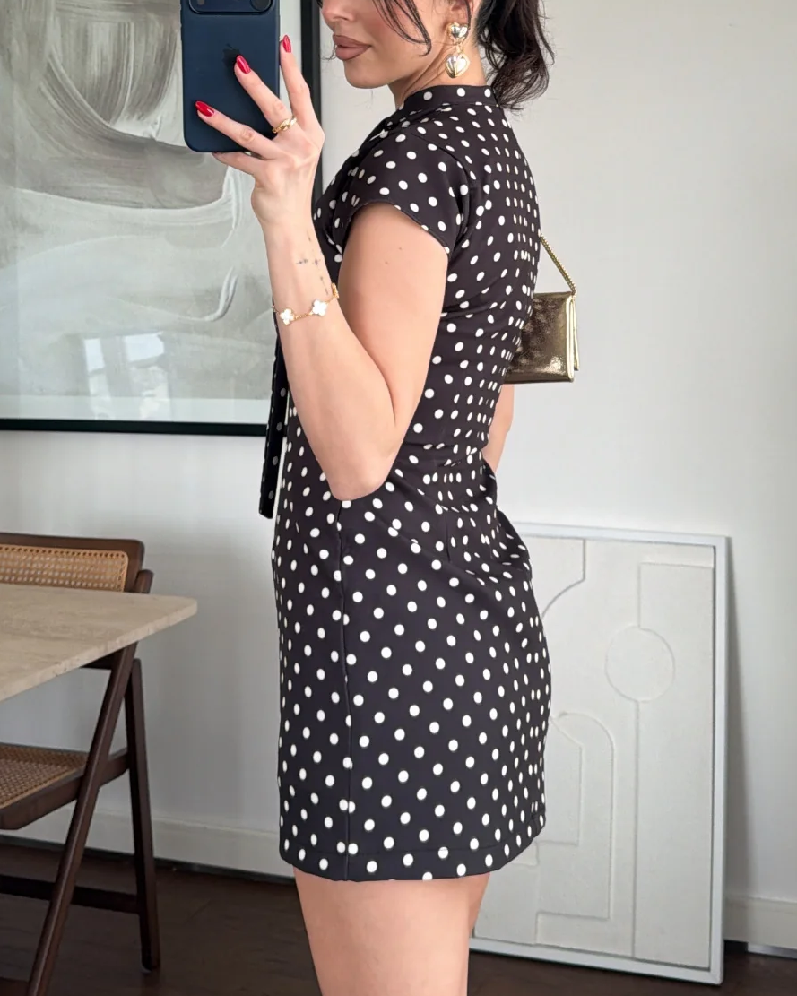 Polka Dot Tie-Neck Cut-Out Back Cap Sleeve Mini Dress