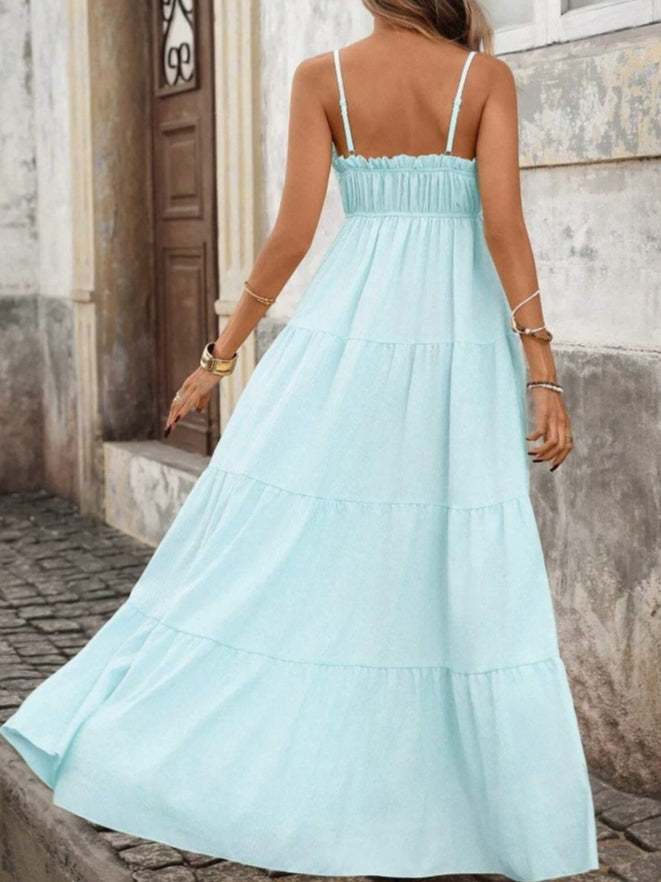 French Style Vacation Sling Wooden Ear Tube Top Cinched Waist Long Texture Dress
