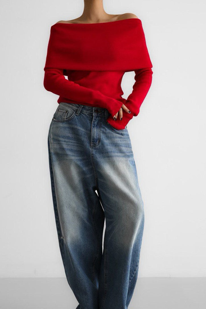Off Shoulder Fitted Long Sleeve Knit Sweater