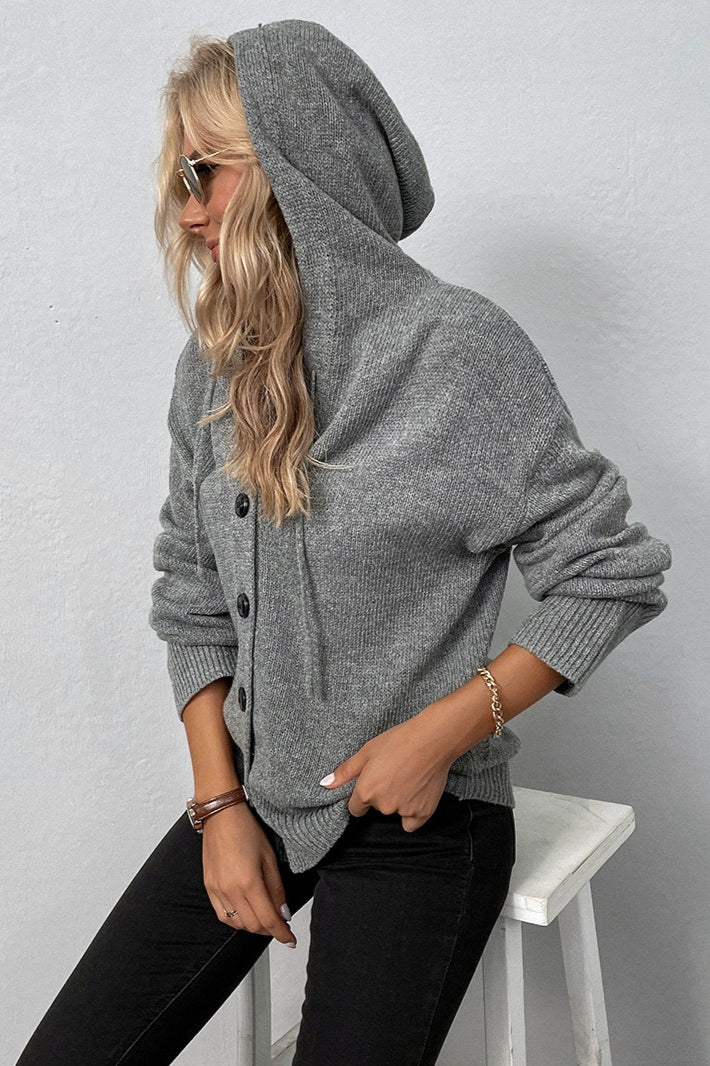 Hooded Drawstring Button Front Knit Cardigan