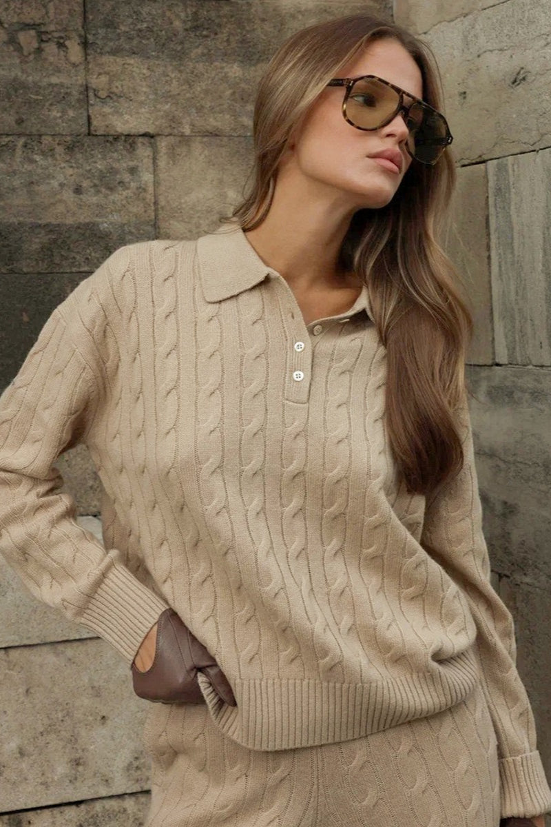 Cable Polo Sweater Straight Pants Knit Set