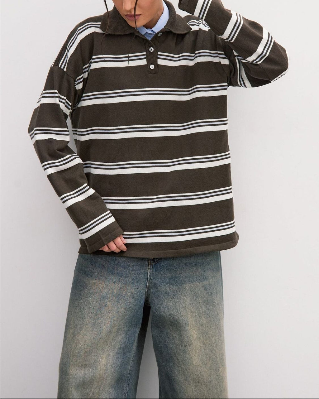 Relaxed Collared Striped Long Sleeve Blouse