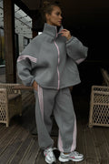 Striped Zip Jacket and Wide Leg Pants Set