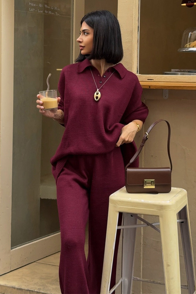 Relaxed Polo Knit Top Wide Leg Pants Set