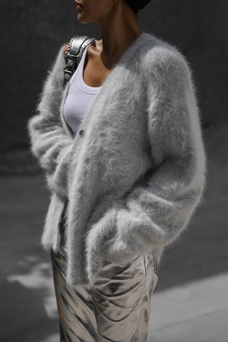 Plush V Neck Relaxed Button Knit Cardigan
