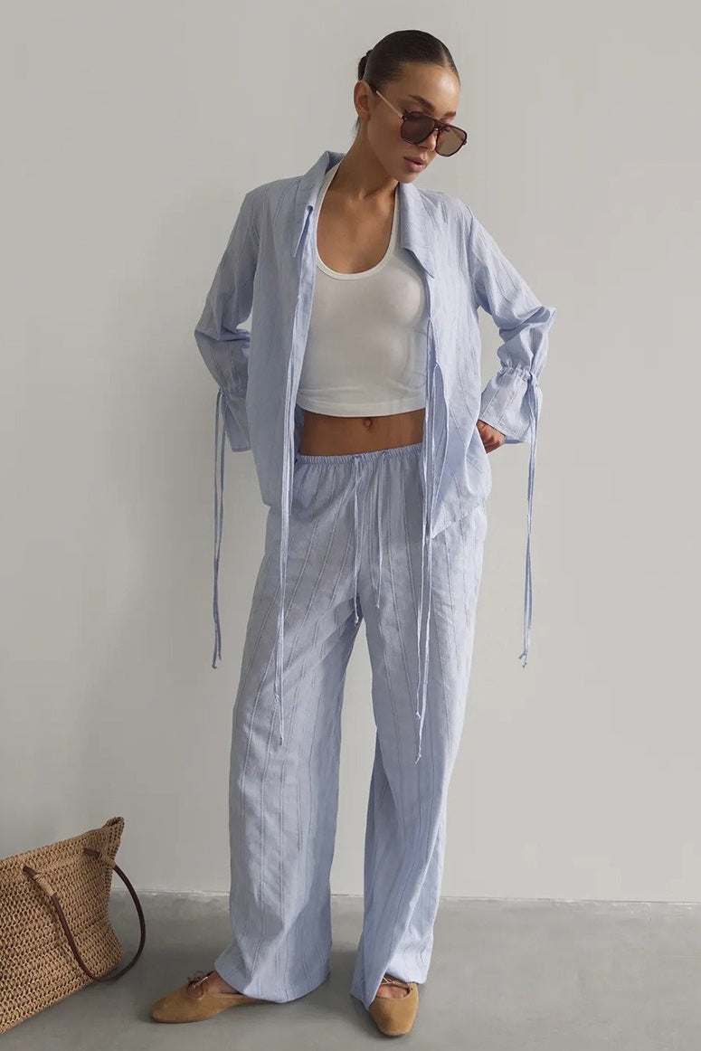 Collared Tie Front Sheer Shirt Pants Set