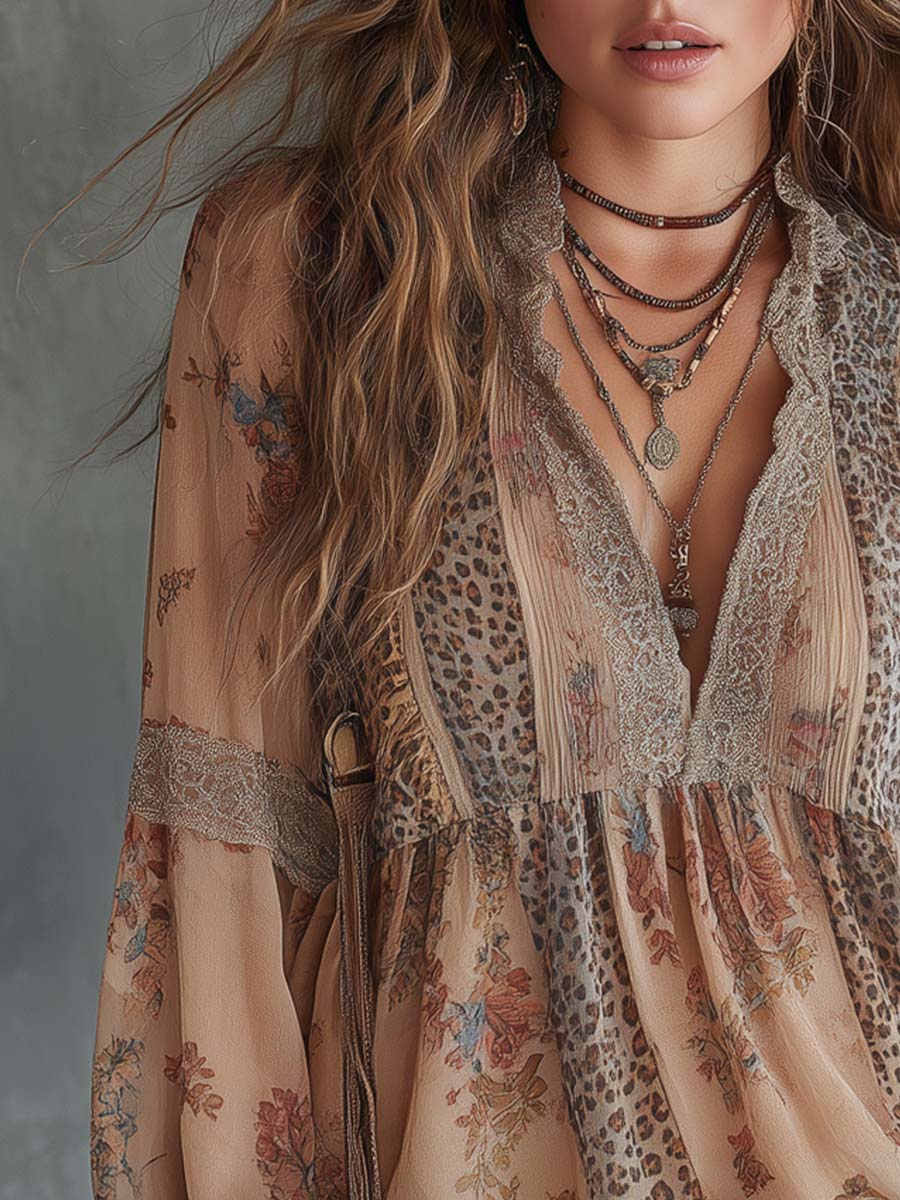 Vintage Leopard Print Floral Lace Blouse
