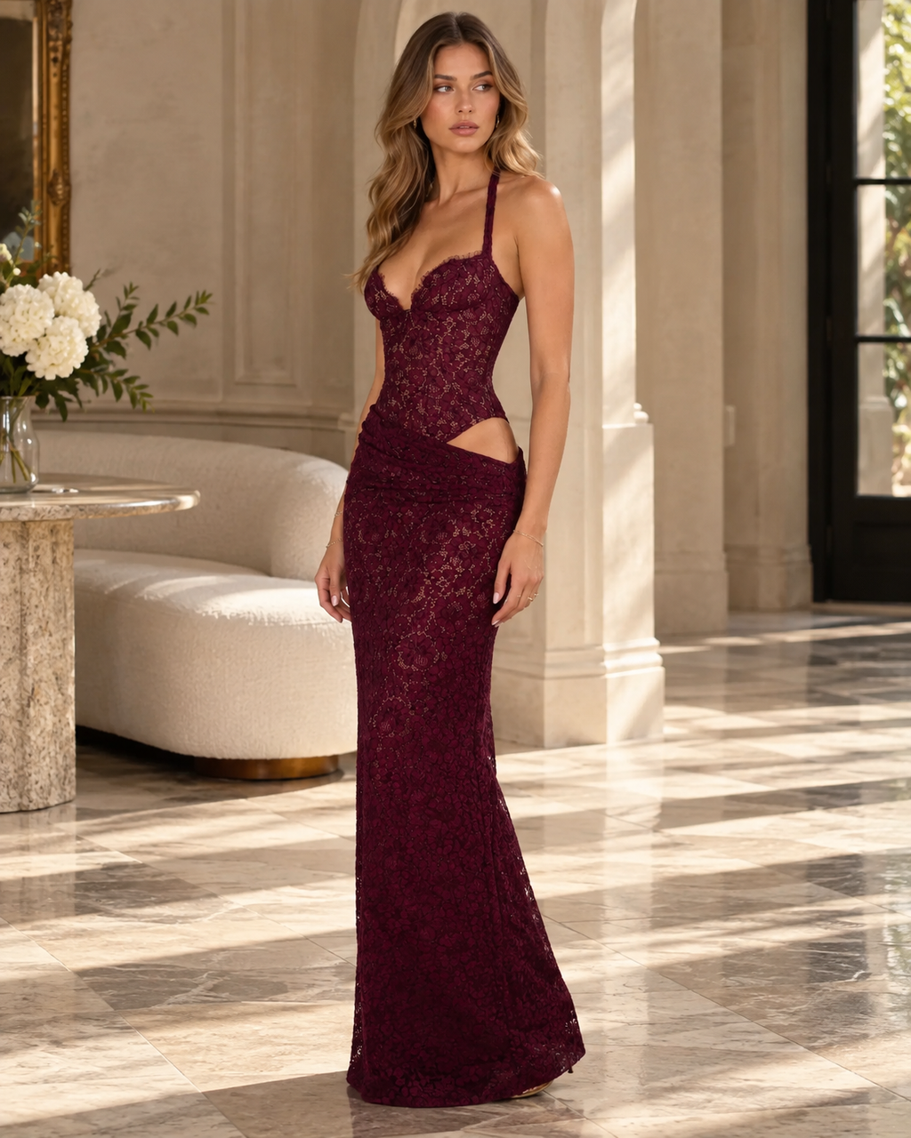 Burgundy Lace Halter Maxi Dress