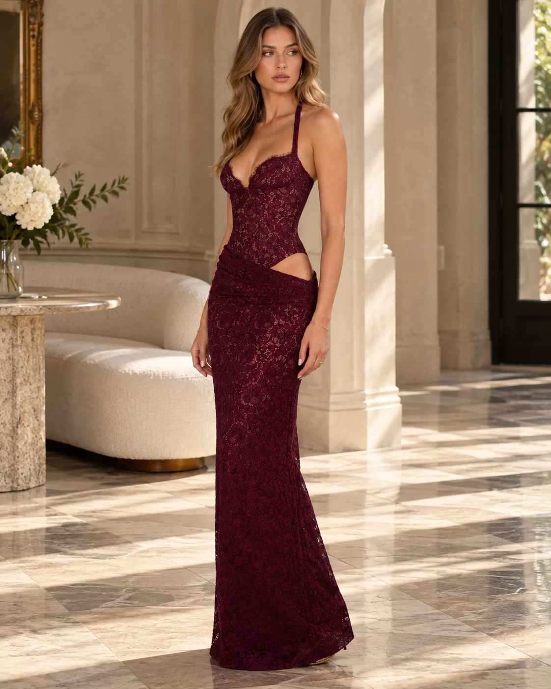 Burgundy Lace Halter Maxi Dress