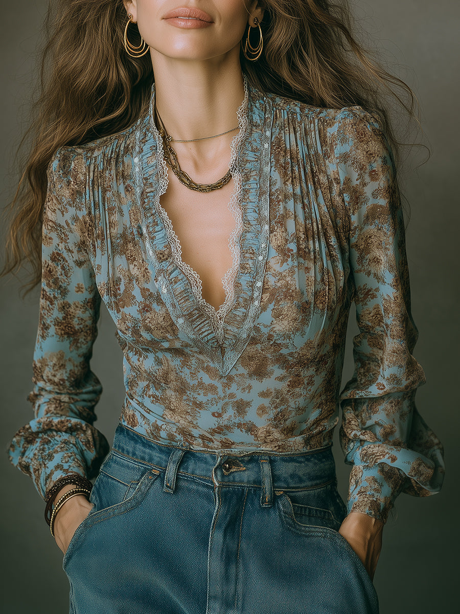 Bohemian Floral Chiffon Blouse With Lace Trim