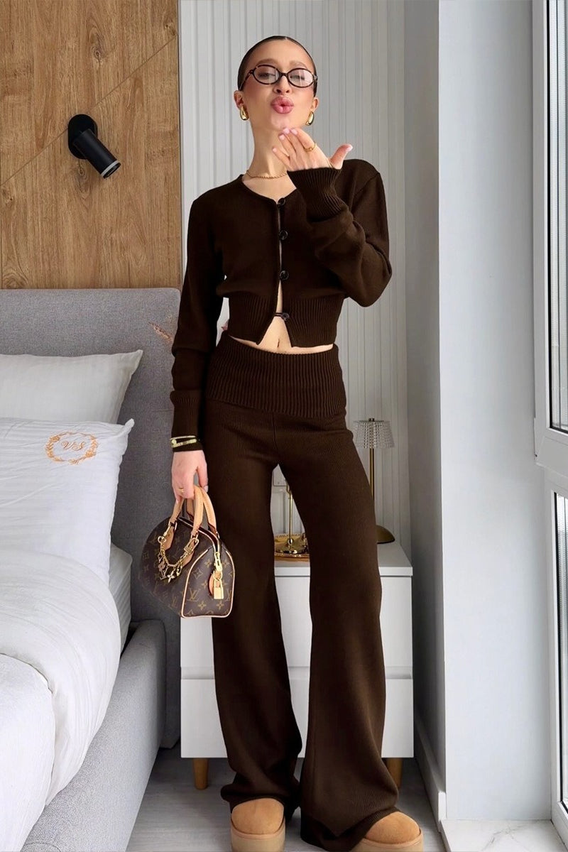Cropped Knit Cardigan Wide Leg Pants Set