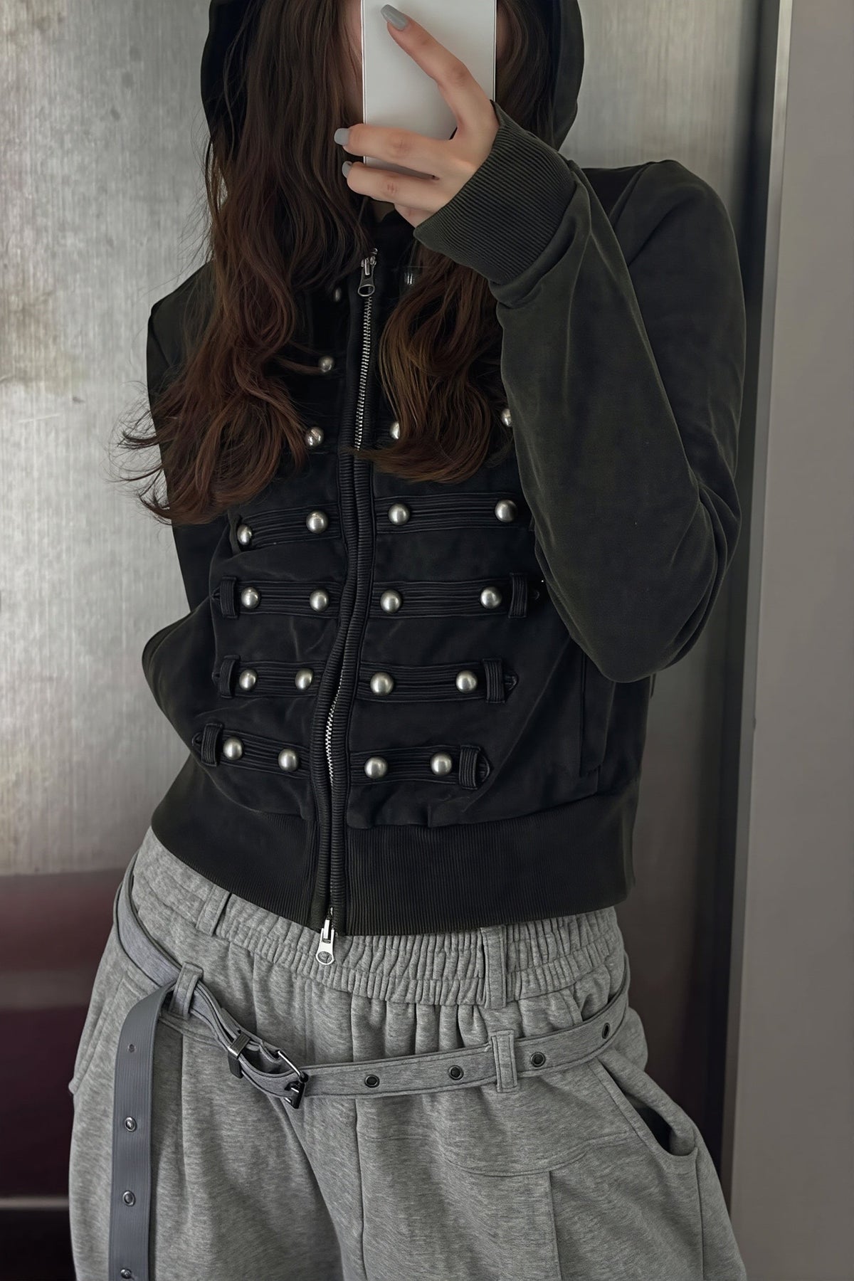 Studded Corset Detail Fitted Zip Hoodie