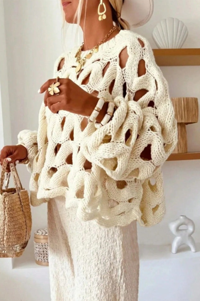Openwork Leaf Texture Crew Neck Knit Sweater