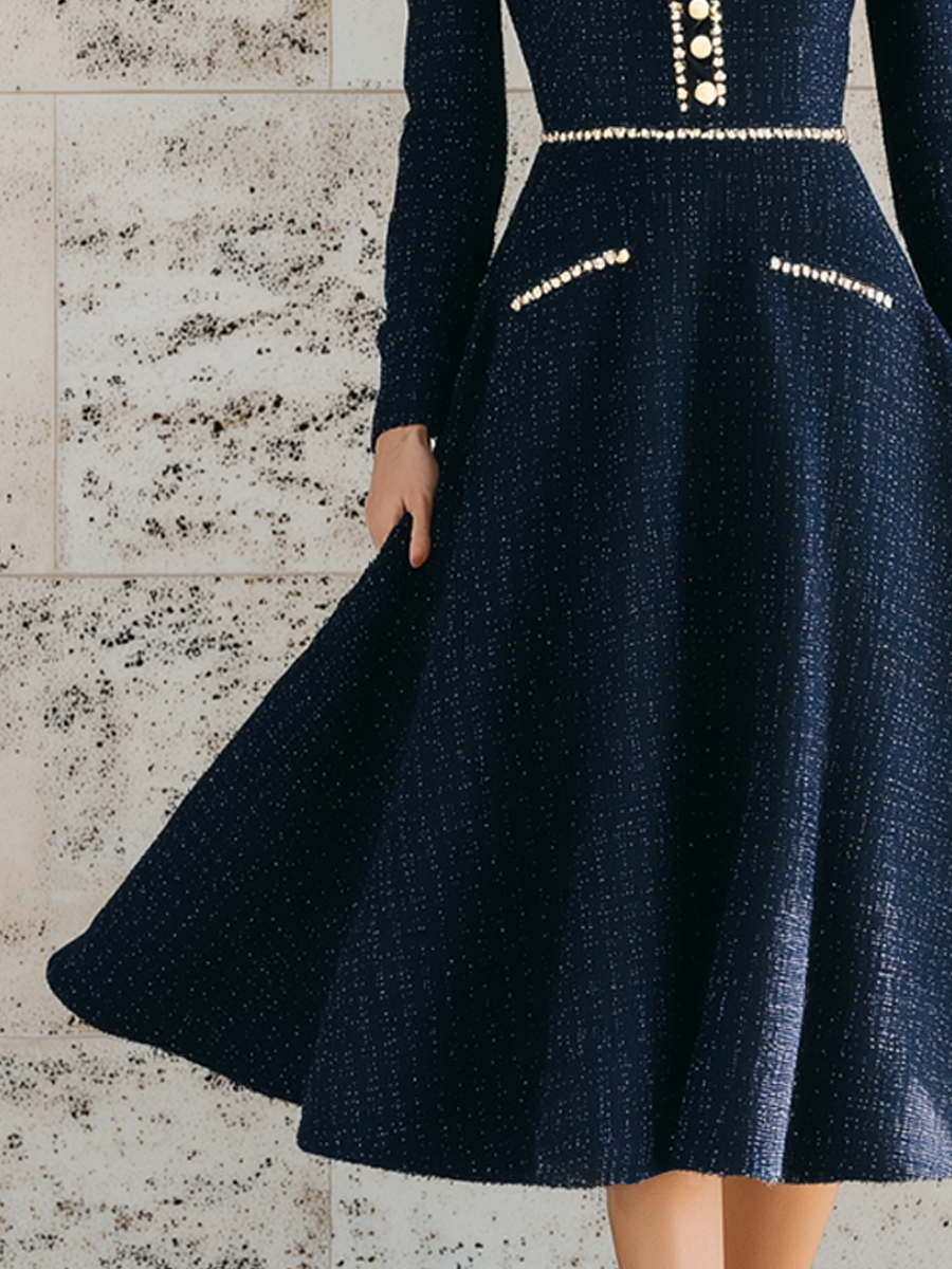 Vintage Chanel Style Contrasting Trim Tweed Midi Dress