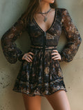 Chic Long Sheer Sleeves Black Floral Chiffon Zip Front Mini Dress