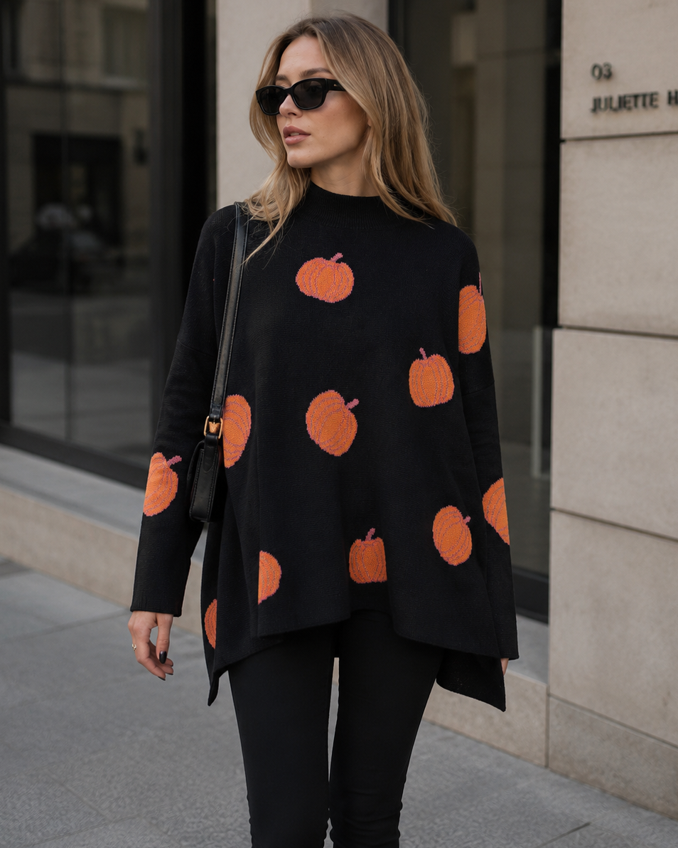Pumpkin Jacquard Mock Neck Oversized Knit Sweater