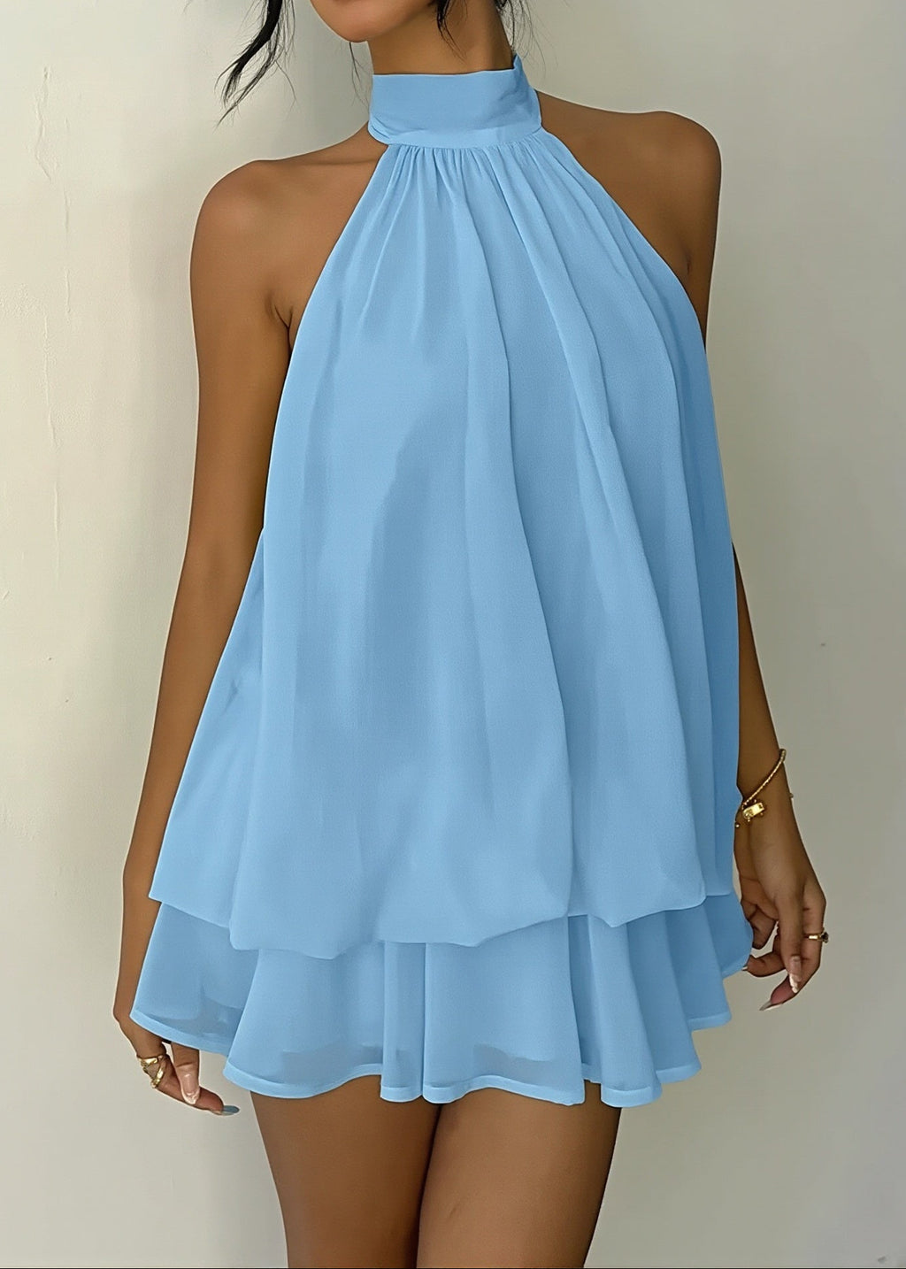Vacation Halter Backless High Waist Flowy Mini Dress