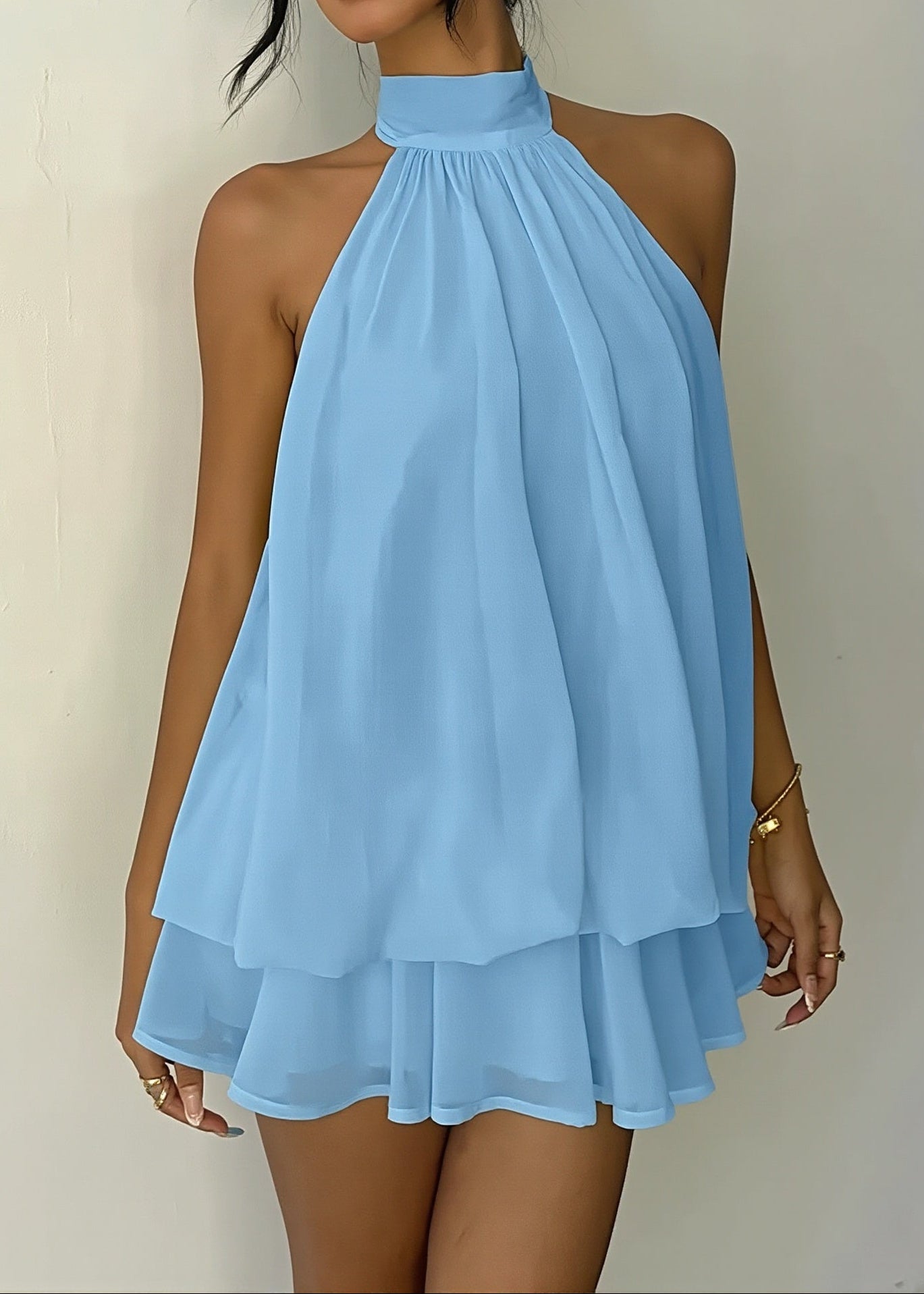 Vacation Halter Backless High Waist Flowy Mini Dress