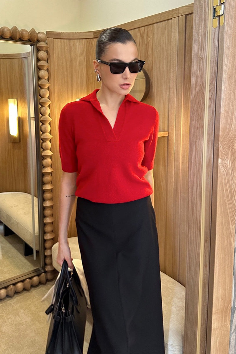 Open Collar Short Sleeve Polo Knit Sweater