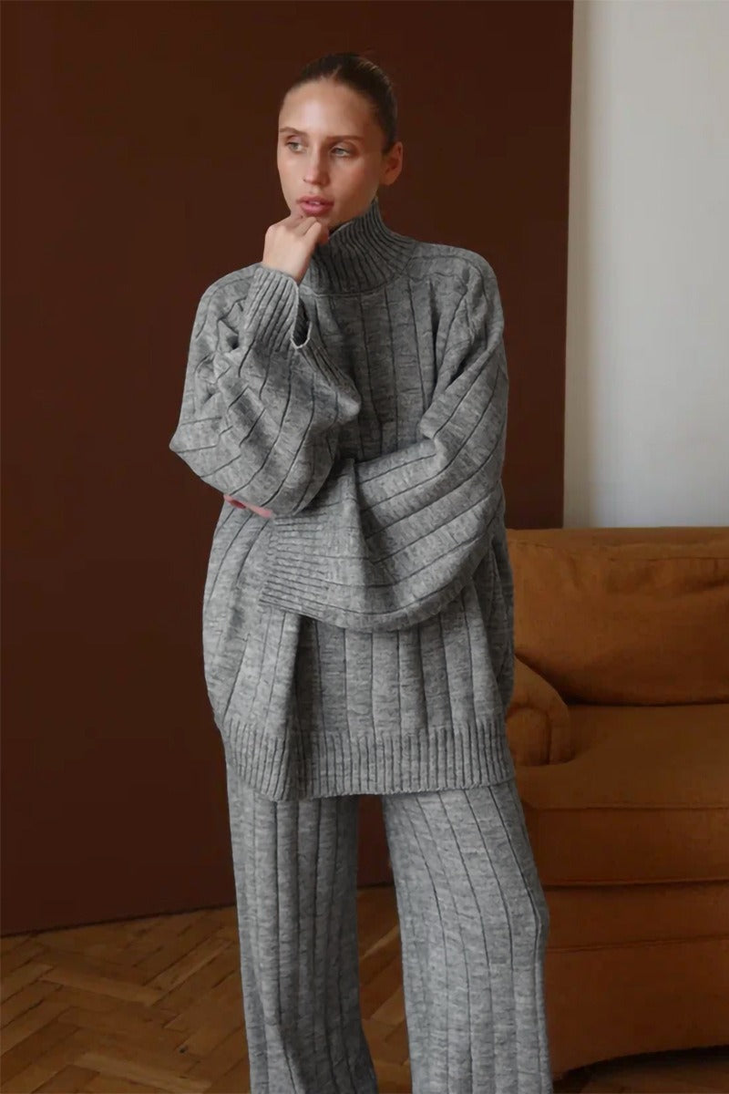 Ribbed Turtleneck Sweater Wide Leg Pants Set