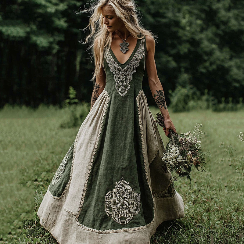 Women's Viking Celtic Color Block Art V-neck Maxi Dress