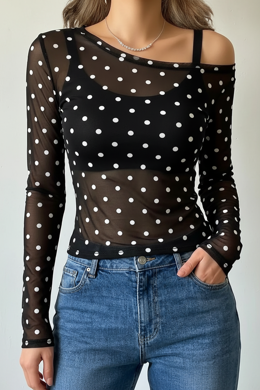 Black Sheer White Polka Dot Cold Shoulder Top