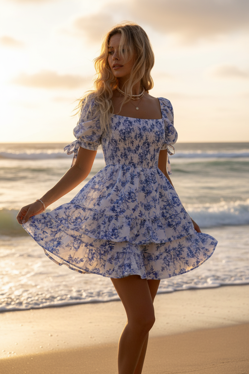 Blue Floral Dress at the Beach
