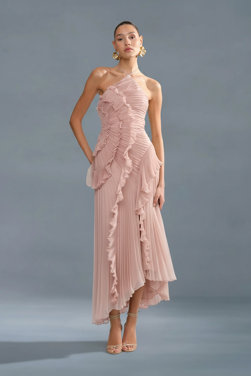 Blush Pink Pleated Ruffle Halter Dress on Model