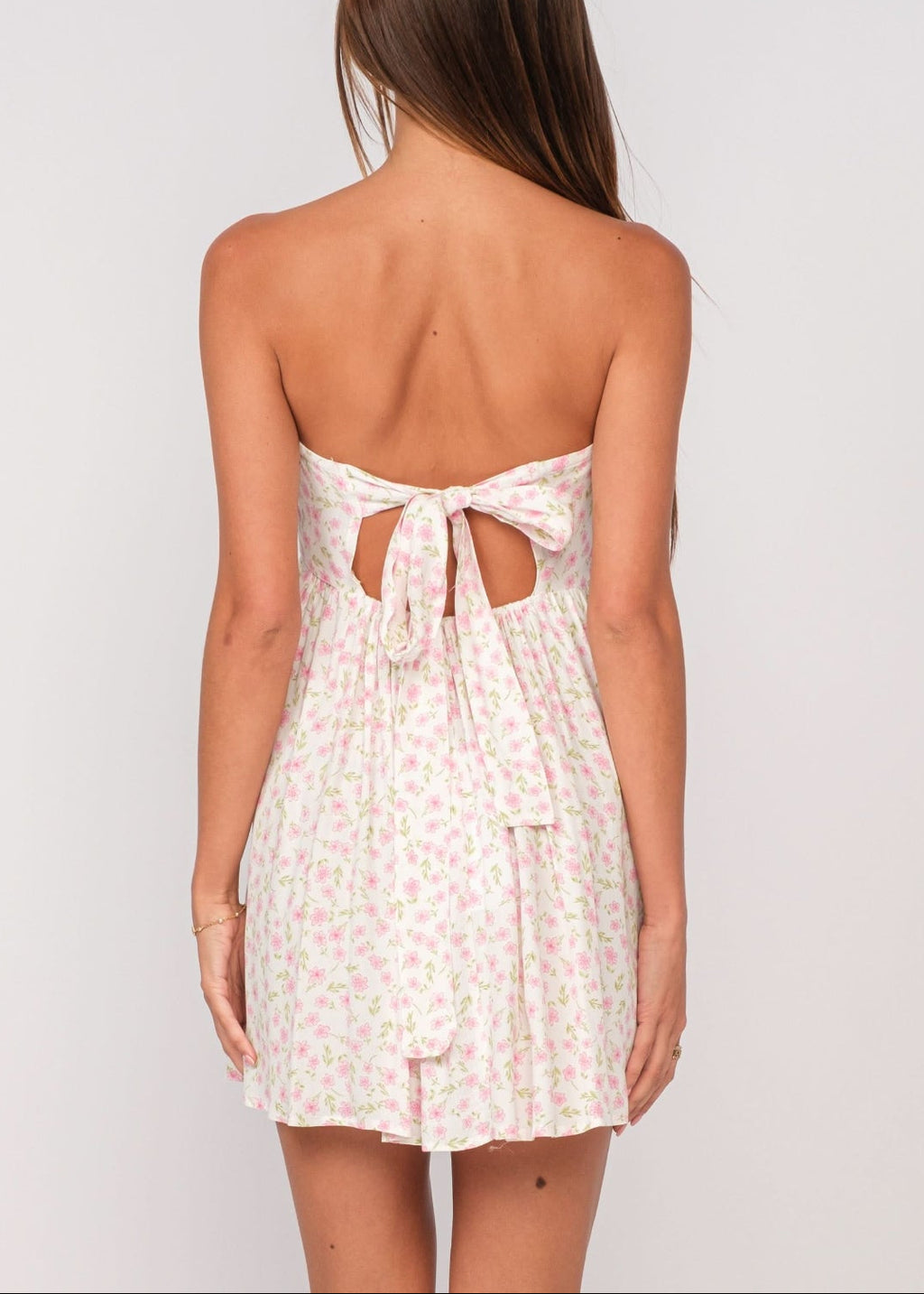 Lena White and Pink Floral Print Strapless Mini Dress